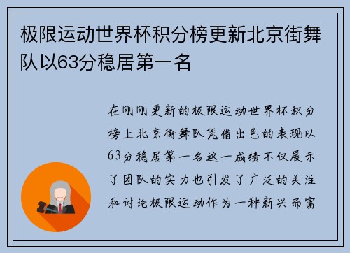 极限运动世界杯积分榜更新北京街舞队以63分稳居第一名